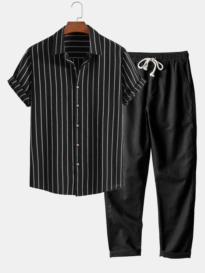 Cotton Blend Striped Button-Down Shirt & Straight Linen Pants