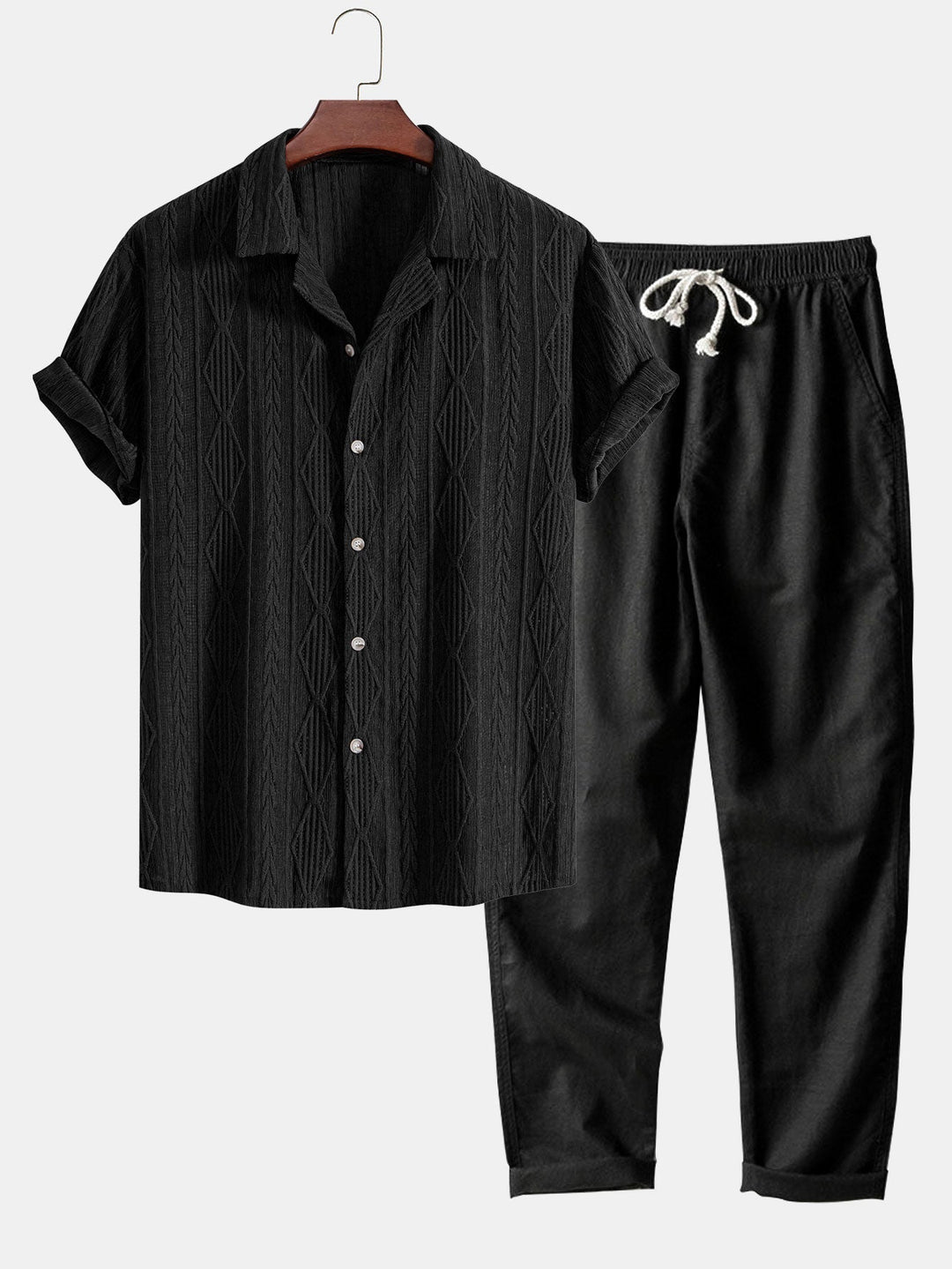 Geometric Jacquard Cuban Shirt & Straight Linen Pants