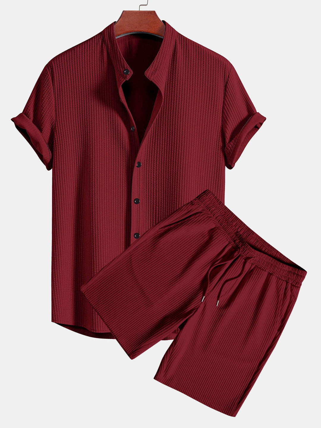 Muscle Fit Ribbed Stand-Up Collar Shirt & Shorts