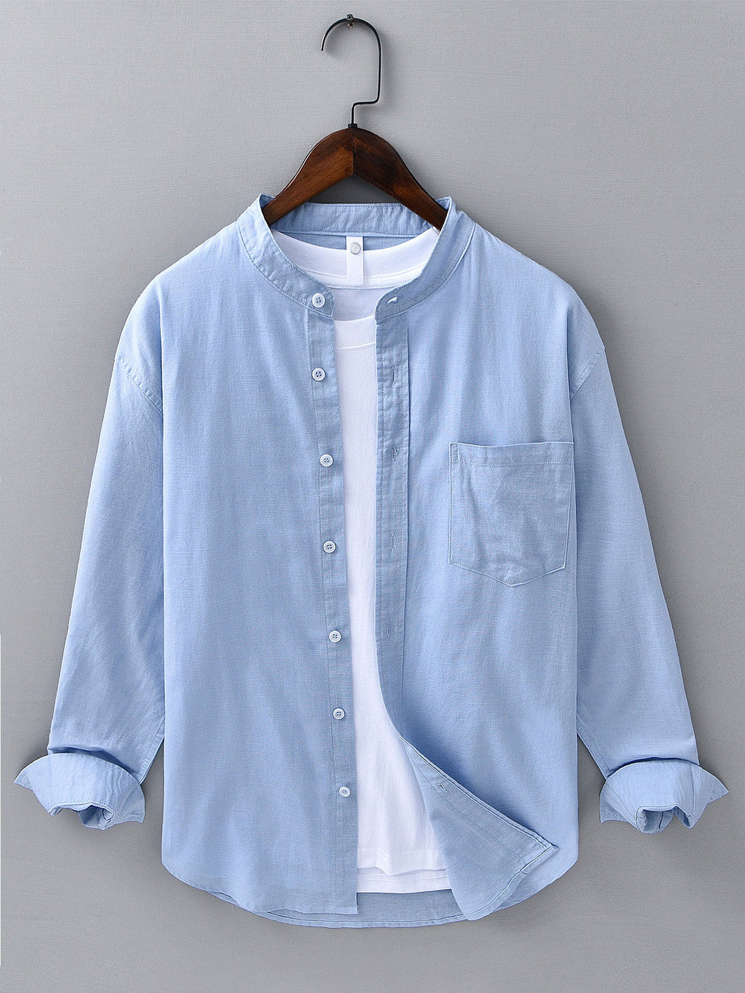 Long sleeve linen cotton light brown shirt with D-collar