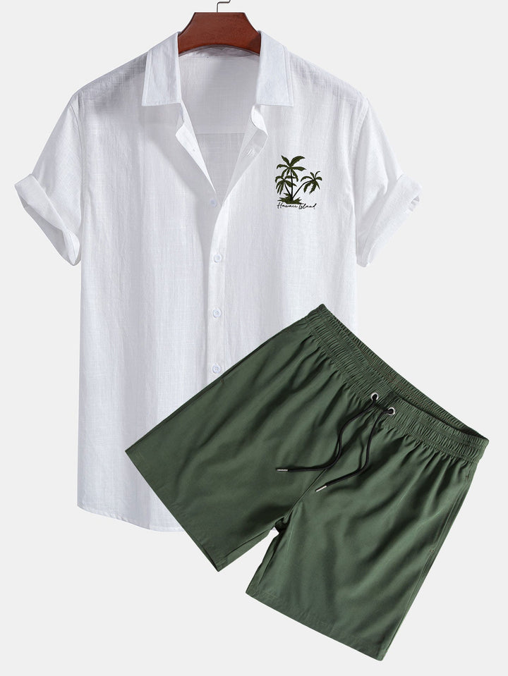Hawaii Palm Tree Print Linen Look Cotton Button-Down Shirt & Swim Shorts