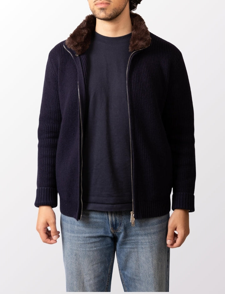 Pothiares Full Fur lined Cardigan | Navy