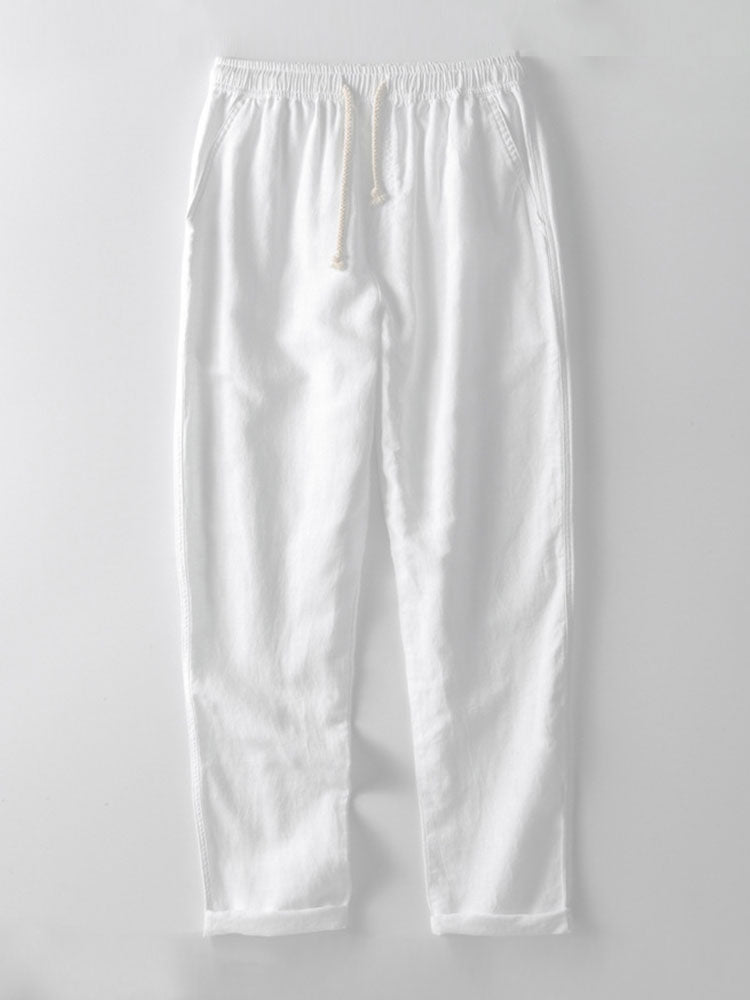 Striped Crochet V-Neck Polo & Straight Leg Linen Trousers