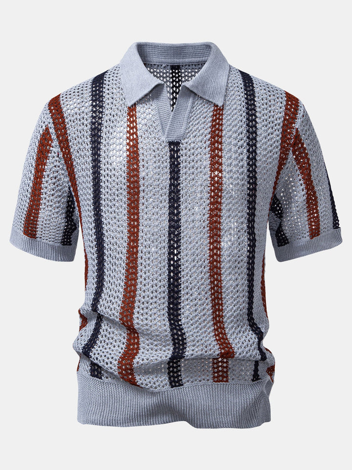 Striped Crochet V-Neck Polo & Straight Leg Linen Trousers