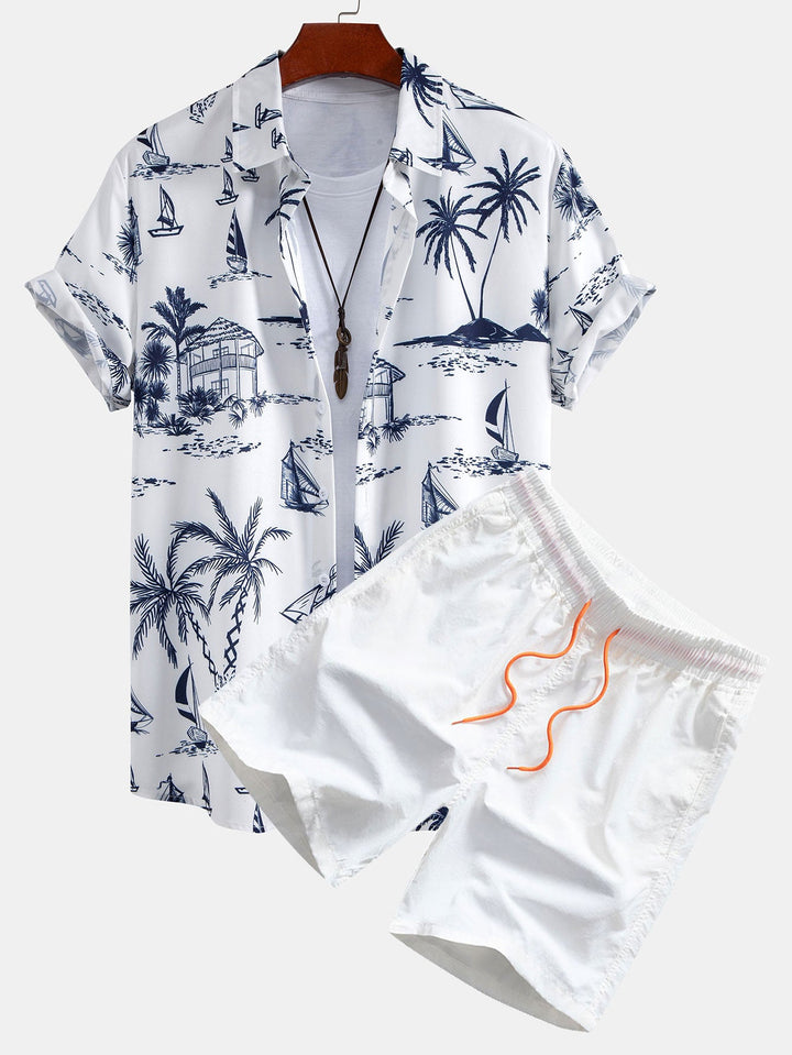 Island Sailing Print Button-Up Shirt & Swim Shorts