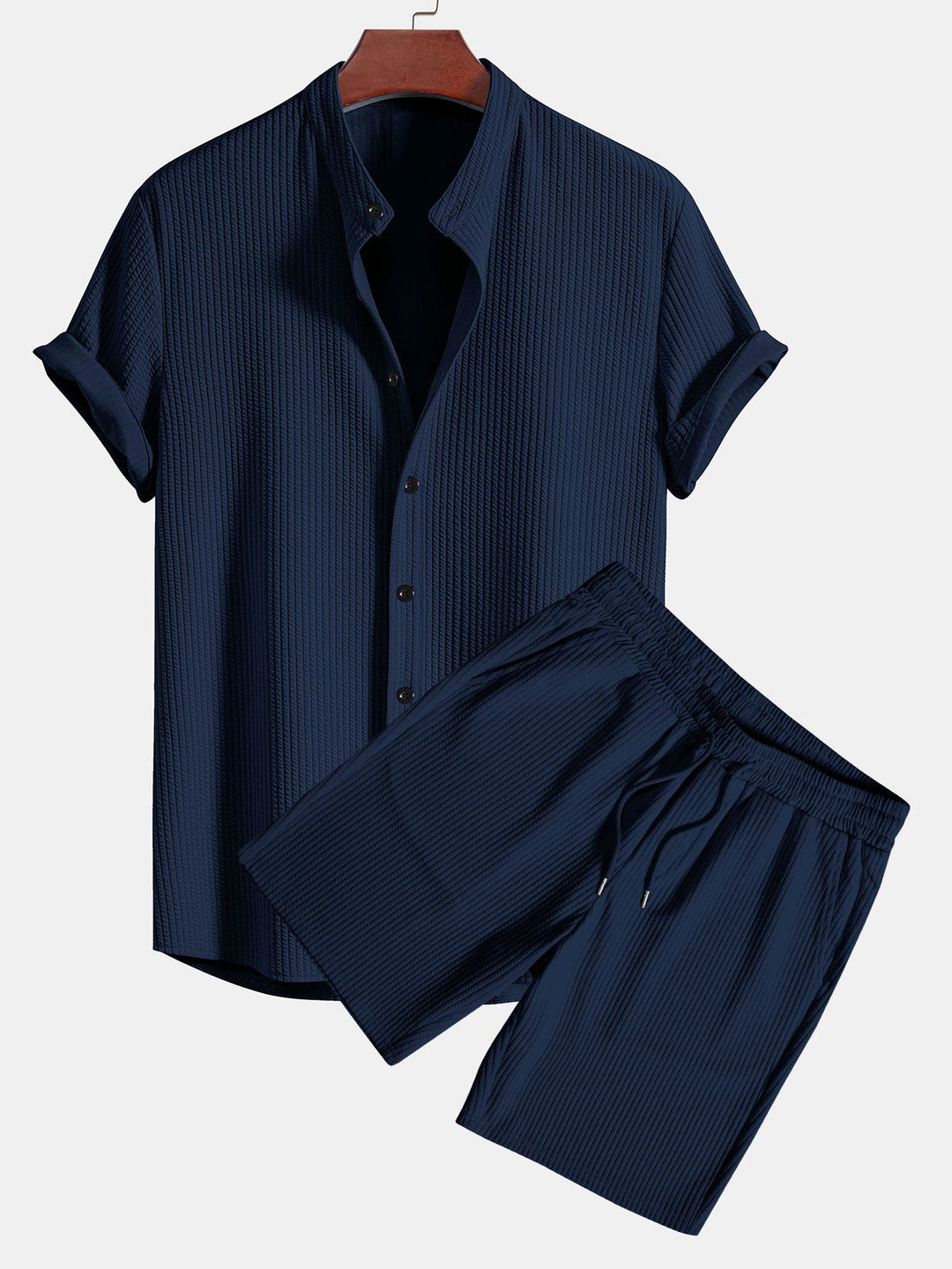Muscle Fit Ribbed Stand-Up Collar Shirt & Shorts