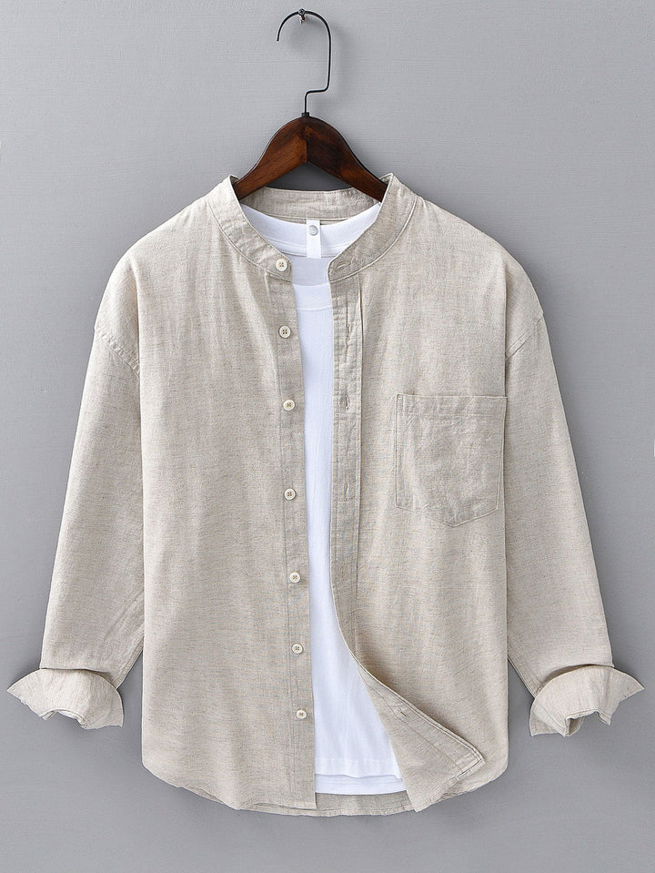 Long sleeve linen cotton light brown shirt with D-collar