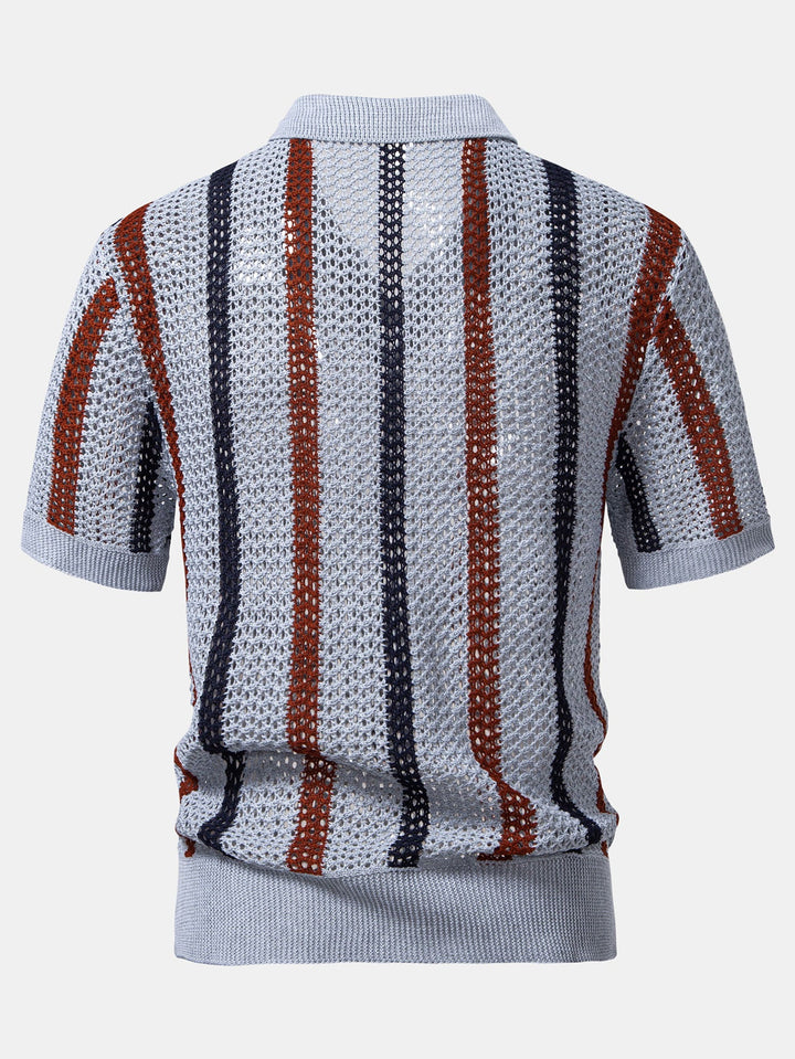 Striped Crochet V-Neck Polo & Straight Leg Linen Trousers