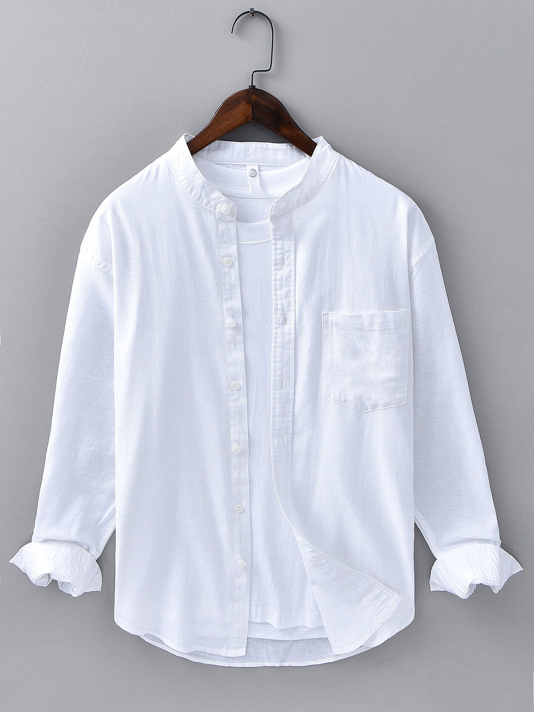 Long sleeve linen cotton light brown shirt with D-collar
