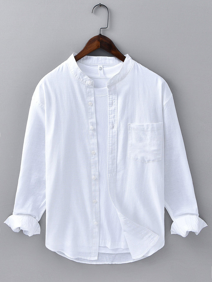 Long sleeve linen cotton light brown shirt with D-collar