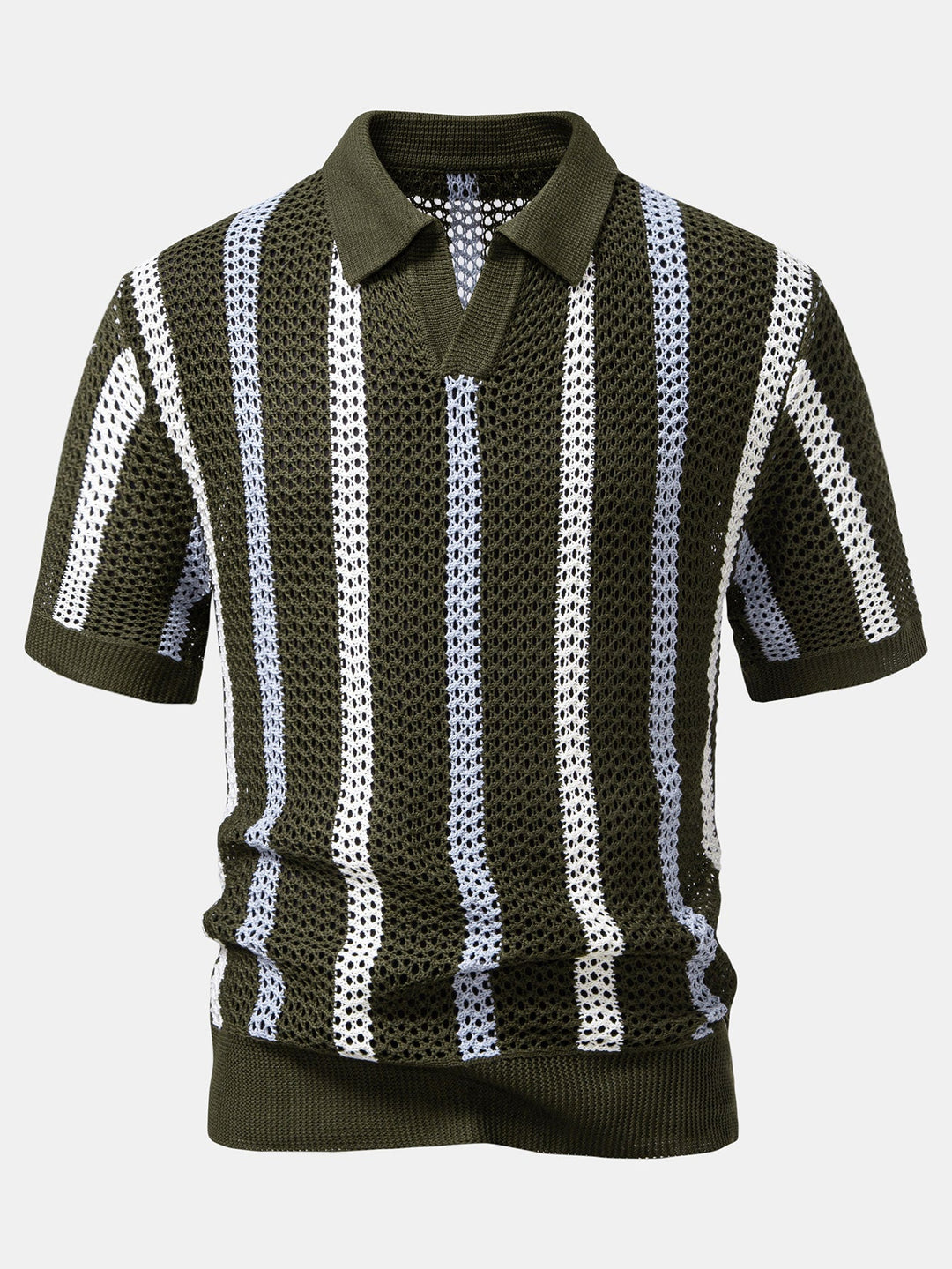 Striped Crochet V-Neck Polo & Straight Leg Linen Trousers