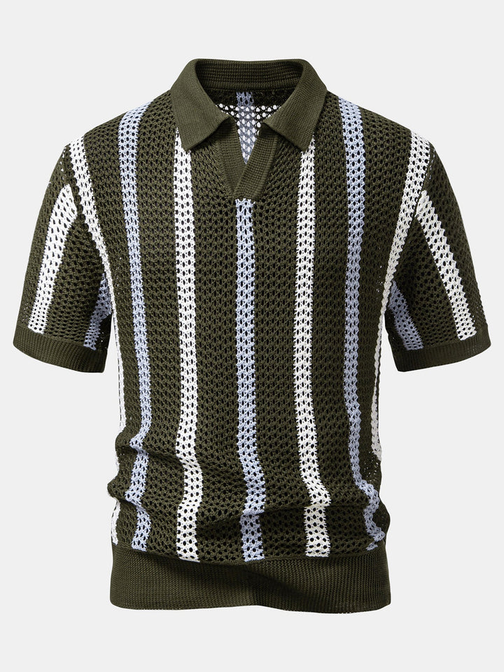 Striped Crochet V-Neck Polo & Straight Leg Linen Trousers