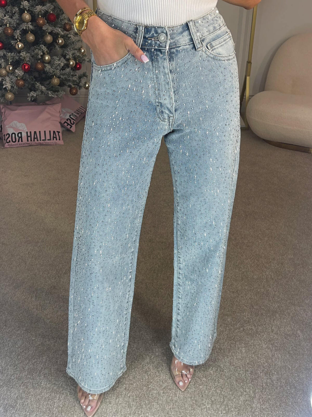 Hoge Taille Diamanté Rechte Jeans