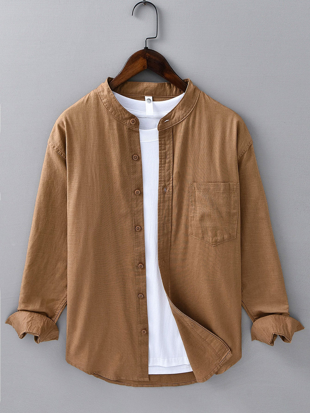 Long sleeve linen cotton light brown shirt with D-collar