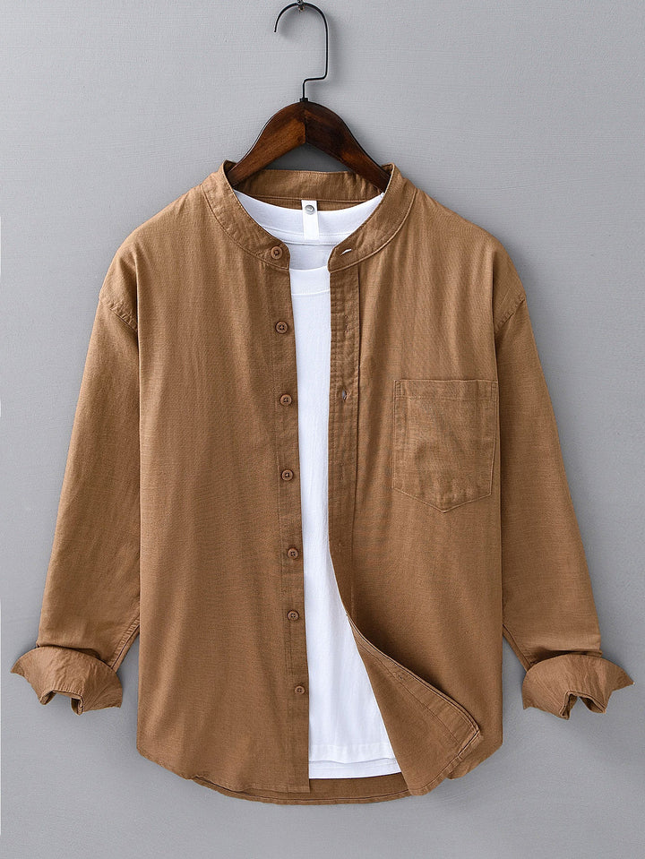 Long sleeve linen cotton light brown shirt with D-collar