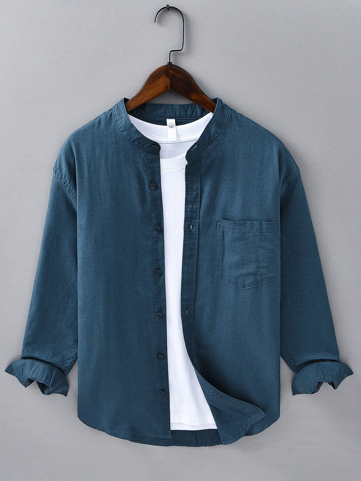 Long sleeve linen cotton light brown shirt with D-collar