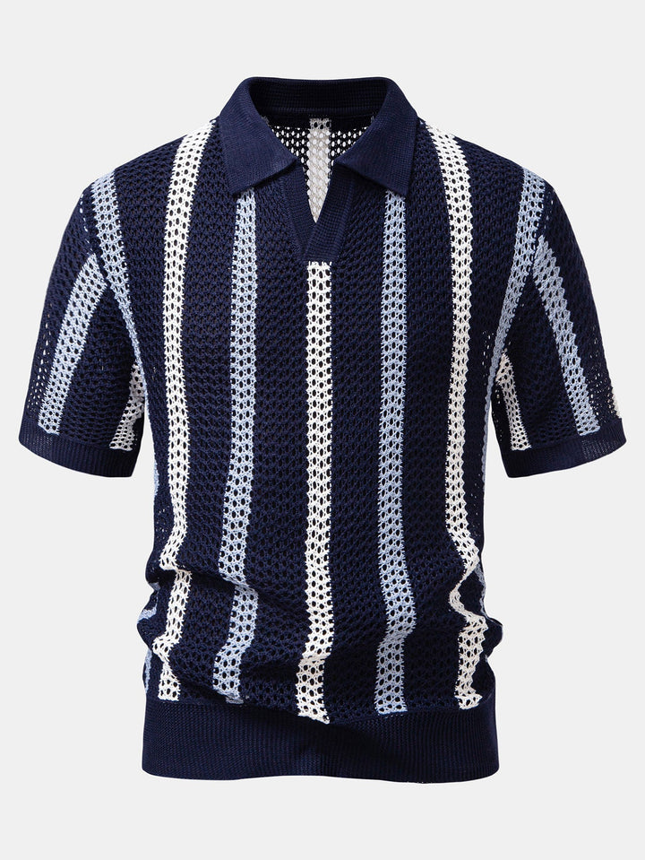 Striped Crochet V-Neck Polo & Straight Leg Linen Trousers