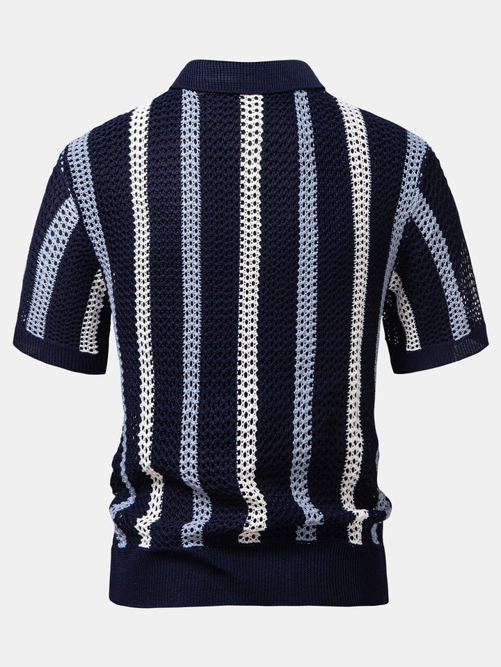 Striped Crochet V-Neck Polo & Straight Leg Linen Trousers
