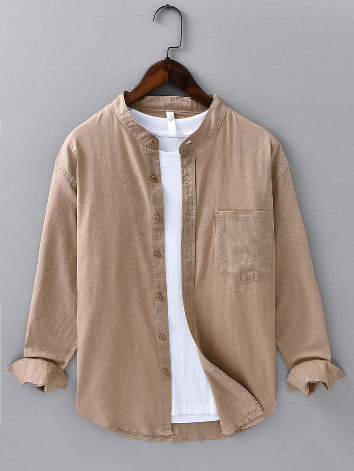 Long sleeve linen cotton light brown shirt with D-collar