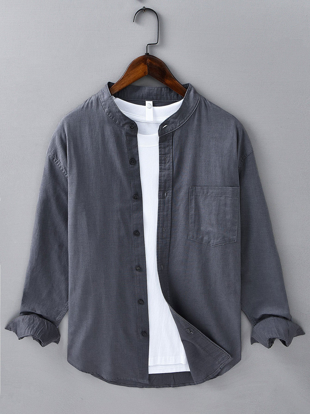 Long sleeve linen cotton light brown shirt with D-collar