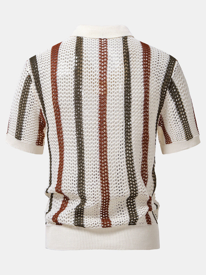 Striped Crochet V-Neck Polo & Straight Leg Linen Trousers