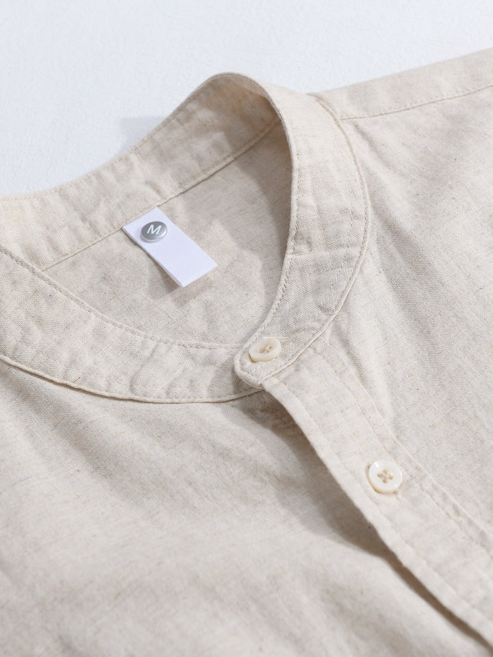Long sleeve linen cotton light brown shirt with D-collar