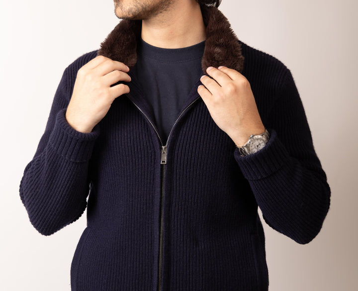 Pothiares Full Fur lined Cardigan | Navy