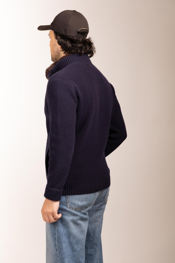 Pothiares Full Fur lined Cardigan | Navy