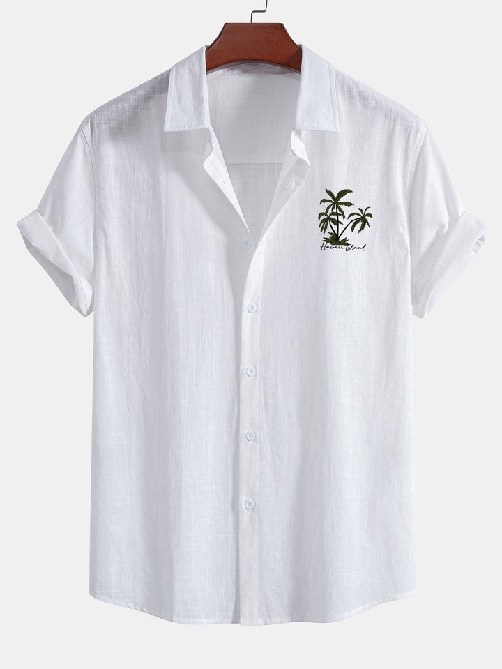 Hawaii Palm Tree Print Linen Look Cotton Button-Down Shirt & Swim Shorts