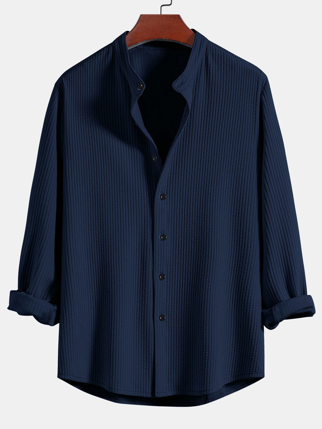 Long Sleeve Muscle Fit Ribbed Stand-Up Collar Shirt