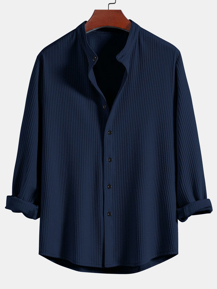 Long Sleeve Muscle Fit Ribbed Stand-Up Collar Shirt