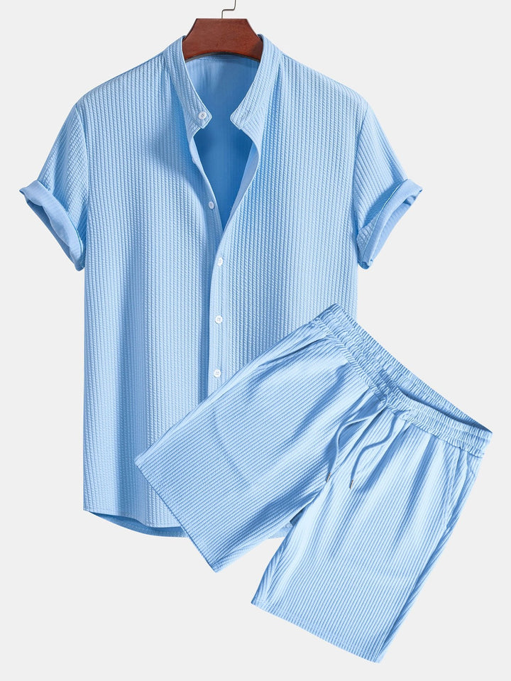 Muscle Fit Ribbed Stand-Up Collar Shirt & Shorts