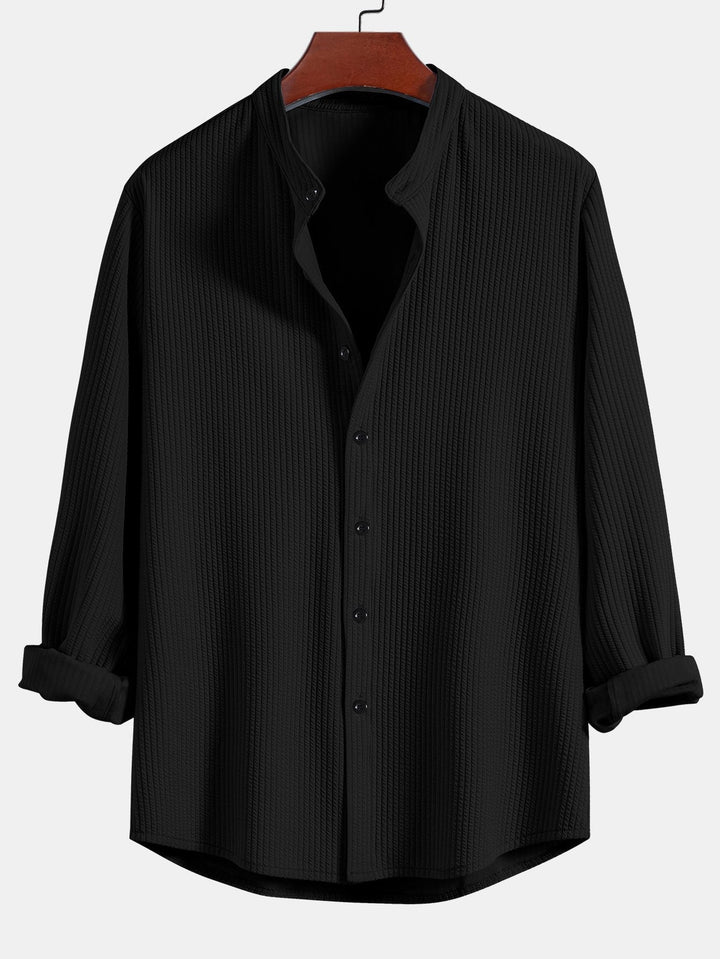 Long Sleeve Muscle Fit Ribbed Stand-Up Collar Shirt