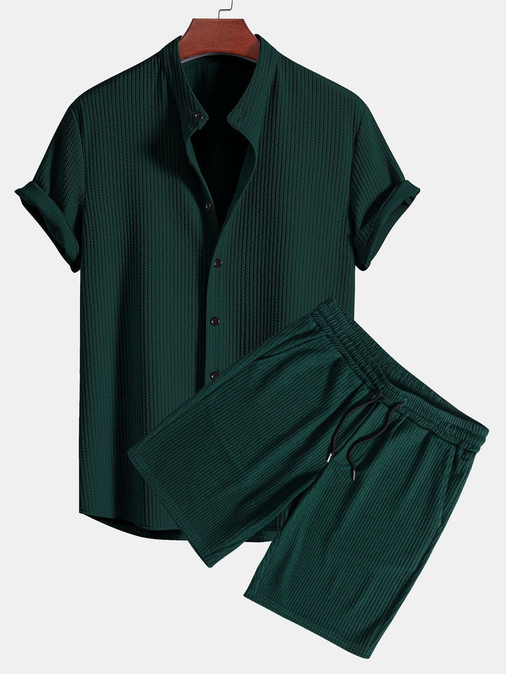 Muscle Fit Ribbed Stand-Up Collar Shirt & Shorts