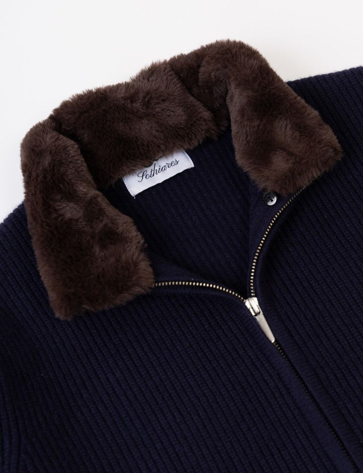 Pothiares Full Fur lined Cardigan | Navy